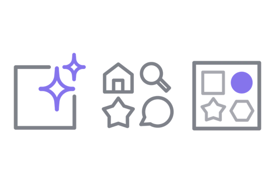 three geometric shapes in purple and gray