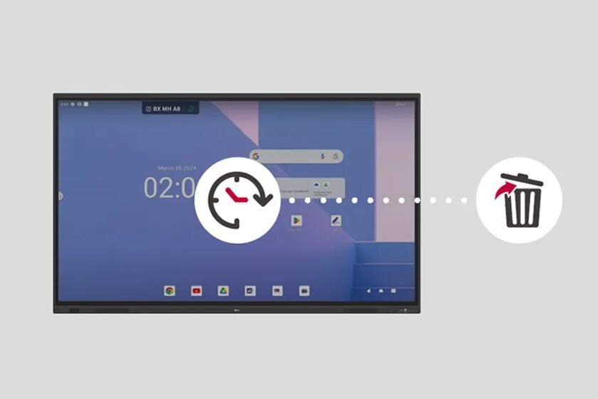 A display screen shows a blue interface with a clock icon linked by a dotted line to a trash can icon.