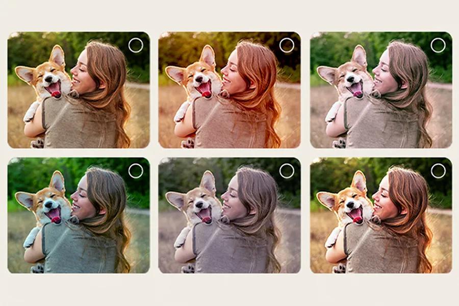 32U701SB-B Smart Monitor AI Picture Wizard feature showing six color filter options applied to same image