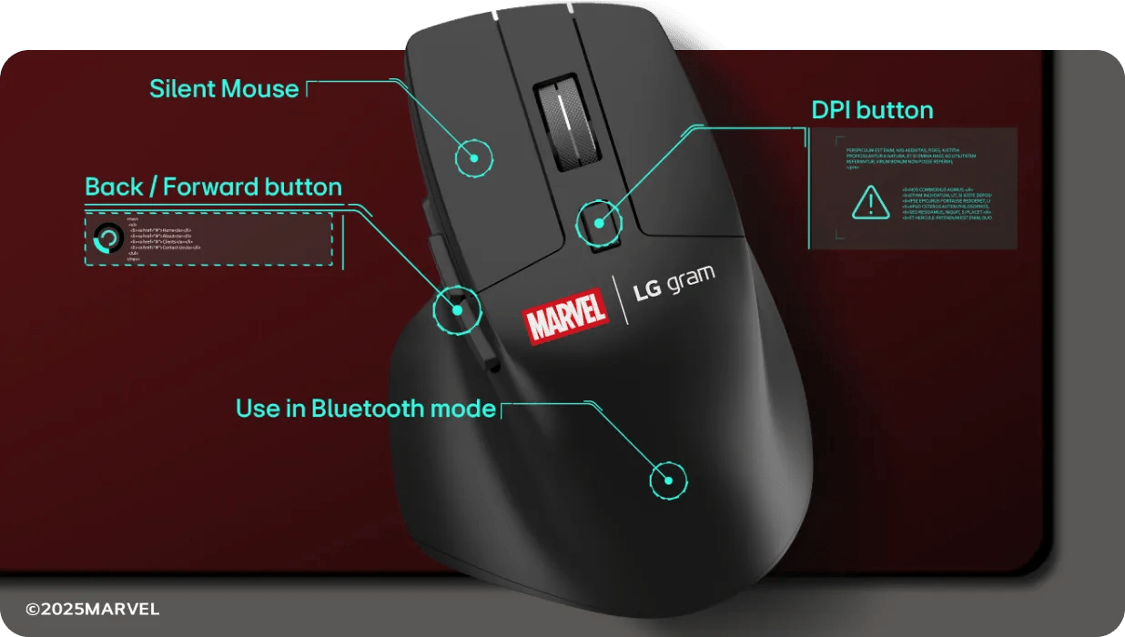 Black wireless mouse with red Marvel logo on a maroon mat. Labeled features: Silent Mouse, DPI button, Back/Forward button, Use in Bluetooth mode. Copyright 2025 MARVEL.