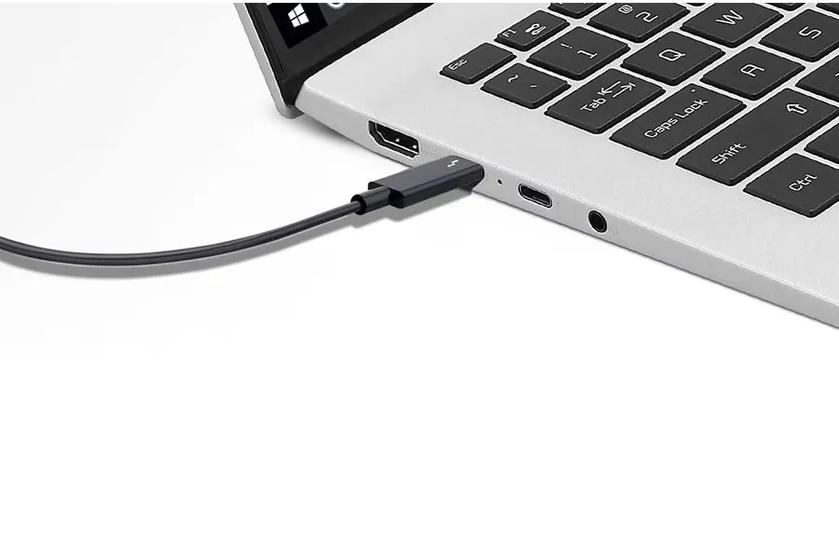 A close-up of the side of a mobile thin client showing the thunderbolt port.