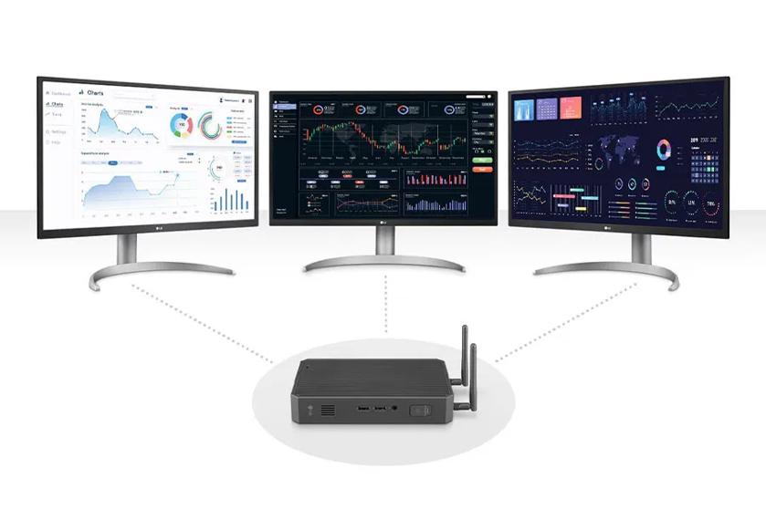 Three monitors connected to an LG box type thin client.