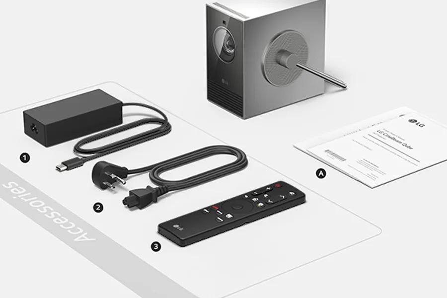 PU600U Projector box contents showing power adapter, cables, remote control, and user manual with labeled accessories