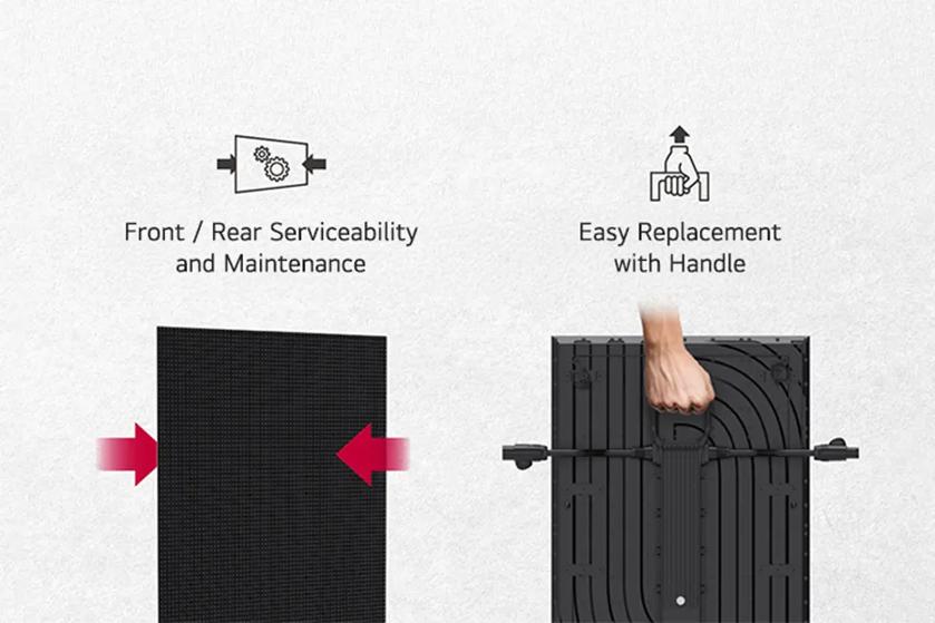 Two-panel diagram showing serviceability and replacement features of a product.

Transcribed Text:

Front / Rear Serviceability and Maintenance Easy Replacement with Handle