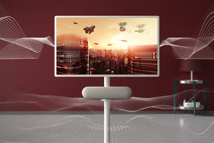 Image of the XT7S stanbyME speaker and the StanbyME display demonstrating WOW orchestra