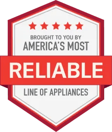 A red hexagonal badge reads 'Brought to you by American's Most Reliable Line of Appliances' with five red stars at the top.