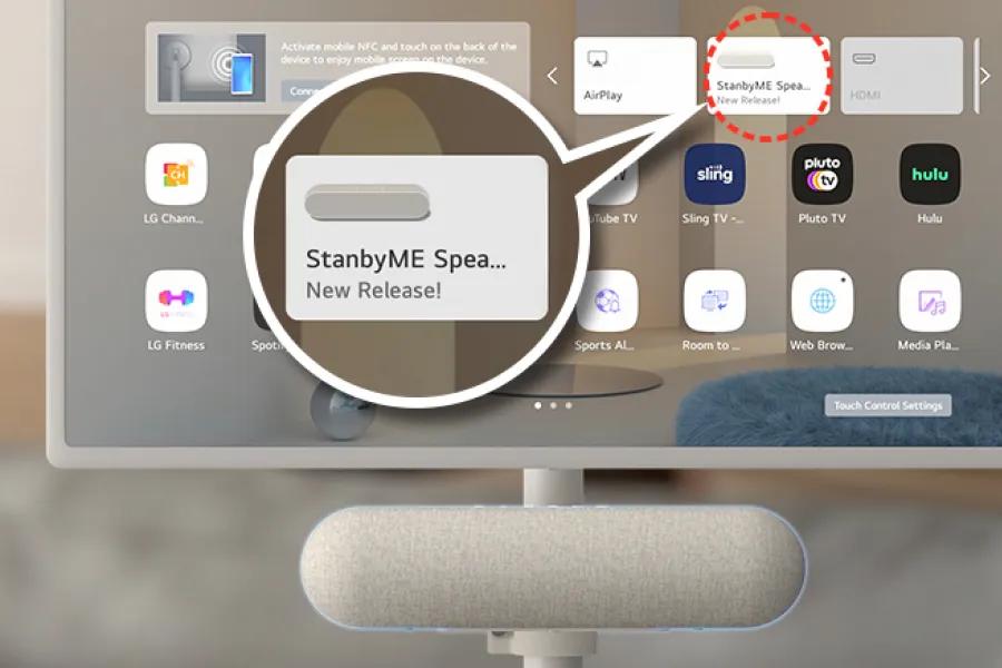 Image of the XT7S stanbyME speaker and the StanbyME display app home screen