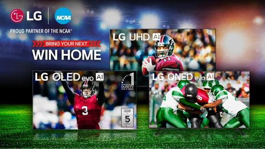 “Bring your next win home” title badge. A group of LG TVs on a football field backdrop. Football scenes appear on TV screens. “LG + NCAA: Proud Partner of the NCAA” badge.
