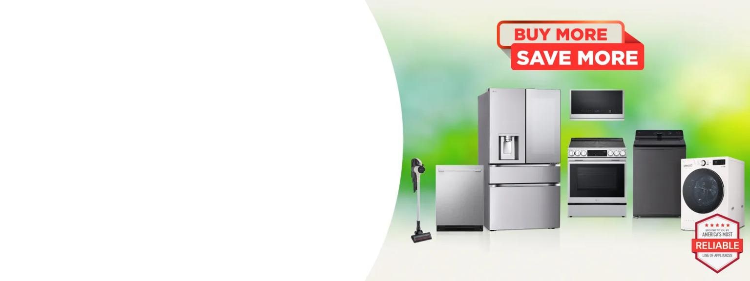 “Buy More Save More” title badge. A group of home appliances on spring themed background. “America’s Most Reliable Line of Home Appliances” badge.
