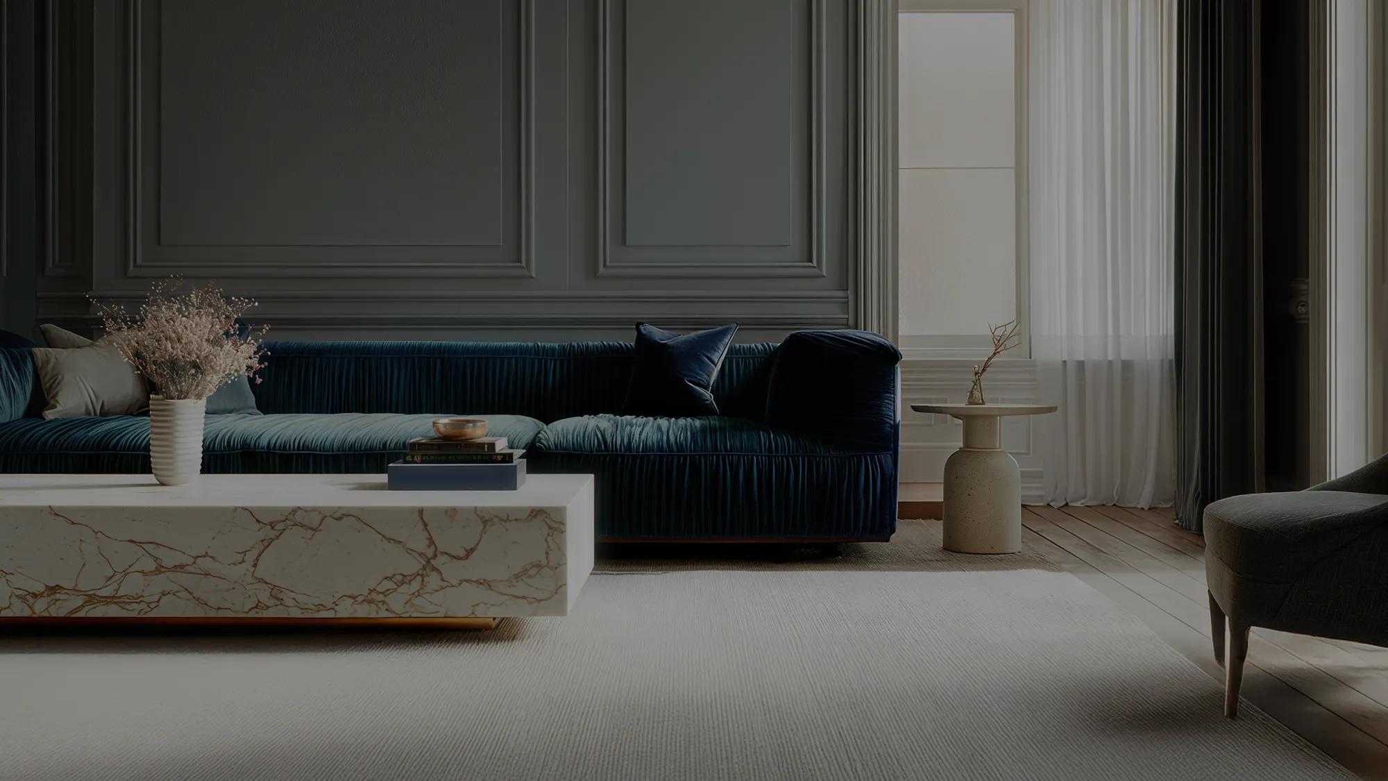 Elegant living room with dark blue velvet sofa, coffee table, and neutral decor