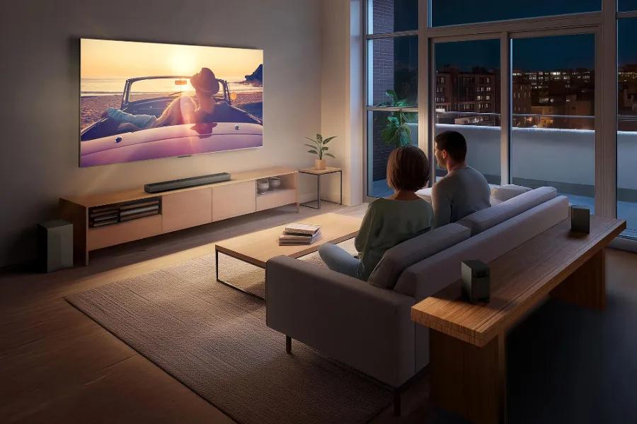 55-Inch LG QNED 4K TV 55QNED75BUA with immersive audio and visual experience in modern living room setup