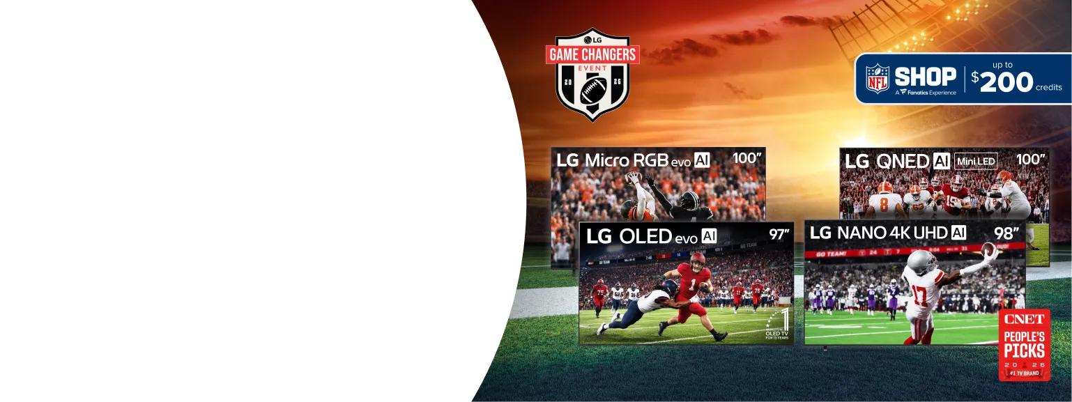 LG Game Changers Event 2026 featuring four large-screen LG TVs displaying NFL football gameplay against a stadium backdrop -- LG Micro RGB evo AI 100" TV (top left), LG OLED evo AI 97" TV (bottom left), LG QNED AI Mini LED 100" TV (top right), and LG NANO 4K UHD AI 98" TV (bottom right) -- with NFL Shop A Fanatics Experience up to $200 credits offer, and CNET People's Picks 2026 #1 TV Brand badge