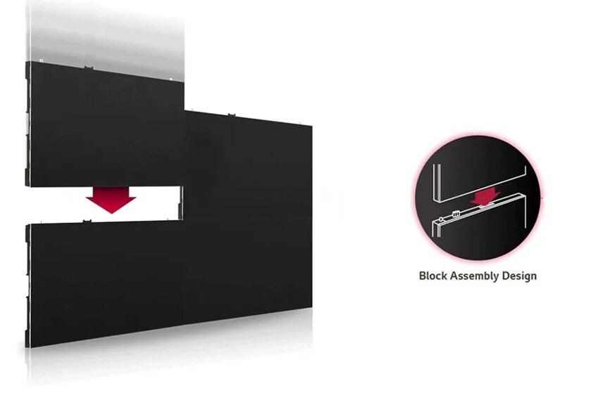 Visualization of a block assembly design showing interlocking panels with a red arrow indicating downward assembly.