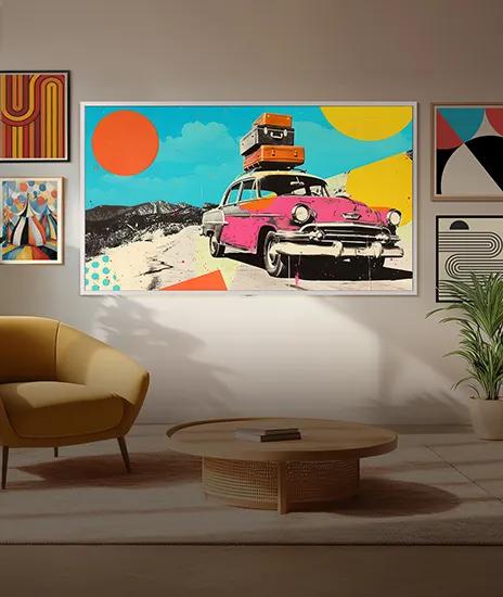 LG Gallery TV displayed in a cozy living room, featuring a slim white TV frame and showcasing artwork on screen, blending seamlessly into the interior like a framed gallery piece.