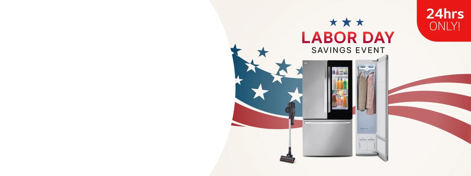A group of LG home appliances in front of graphic of American Flag. “Labor Day Savings Event” badge appears above. 