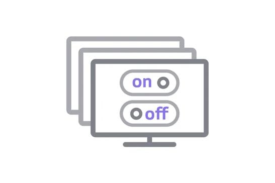 Stylized graphic of three layered computer monitors with an on/off switch.