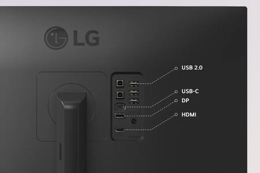Back of LG monitor showing USB 2.0, USB-C, DP, and HDMI ports for flexible connectivity.