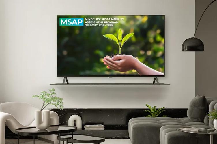 A classy modern hotel room with a large LG hospitality TV.  The TV is displaying a pair of cupped hands holding a large seedling against a natural backdrop, with the MindClick Sustainability Assessment Program logo in the corner of the scene.