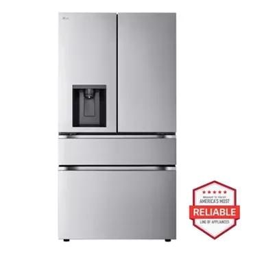 A badge next to this LG refrigerator says, Brought to you by America's most reliable line of appliances.