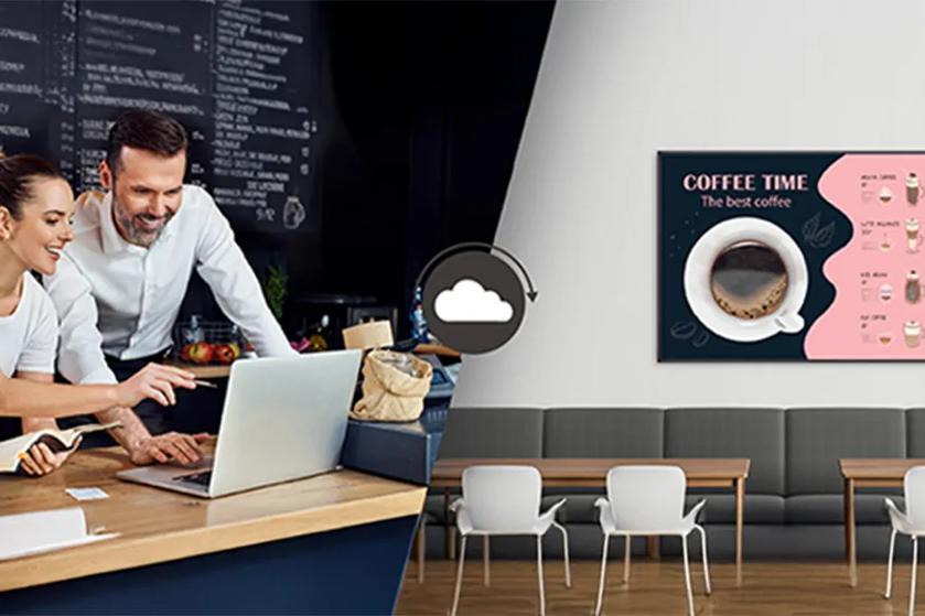 Small business owners use SuperSign to update their UH7Q-E signage's display. 