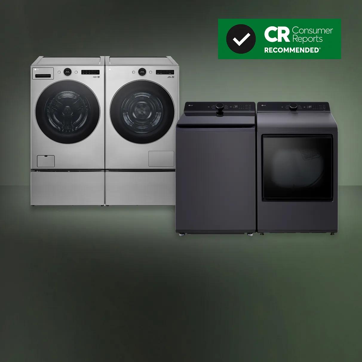 A white front-load washer and dryer pair next to a dark gray top-load washer and front-load washer with a Consumer Reports Recommended banner in the upper-right corner.