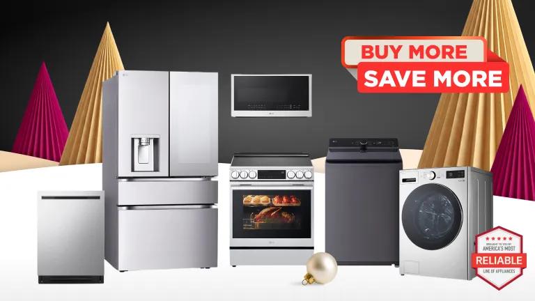 Buy More Save More promotion featuring LG dishwasher, French Door refrigerator, over-the-range microwave, electric range, top-load washer, and front-load washer against a holiday backdrop, with America's Most Reliable Line of Appliances badge.