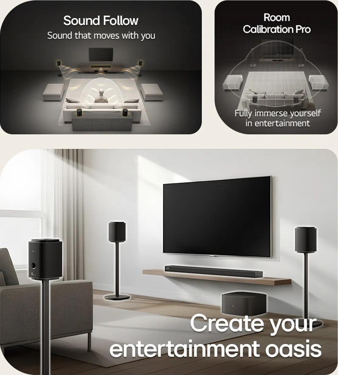 Collage of Sound Suite and Dolby Atmos FlexConnect features. The top left shows a living room with a soundbar, wireless speakers, and visualized sound waves representing flexible placement. The top middle shows a diagram labeled “Sound Follow” with a listener surrounded by directional audio beams. The top right displays “AI Room Calibration Pro” with a wireframe room and mapped acoustic zones. The lower left highlights “Premium Design” with a close-up of a speaker's crafted aluminum details. The lower middle shows “Premium Sound” with a soundbar, subwoofer, and speakers emitting circular sound waves. The large image on the right shows a modern living room with a mounted TV, soundbar, and two floor-standing speakers, accompanied by text reading “Design your ideal sound system.”