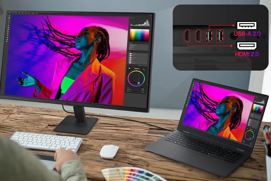 32U701SB-B SmartMonitor with USB-A 2.0 and HDMI 2.0 ports shown connected to laptop in creative workspace