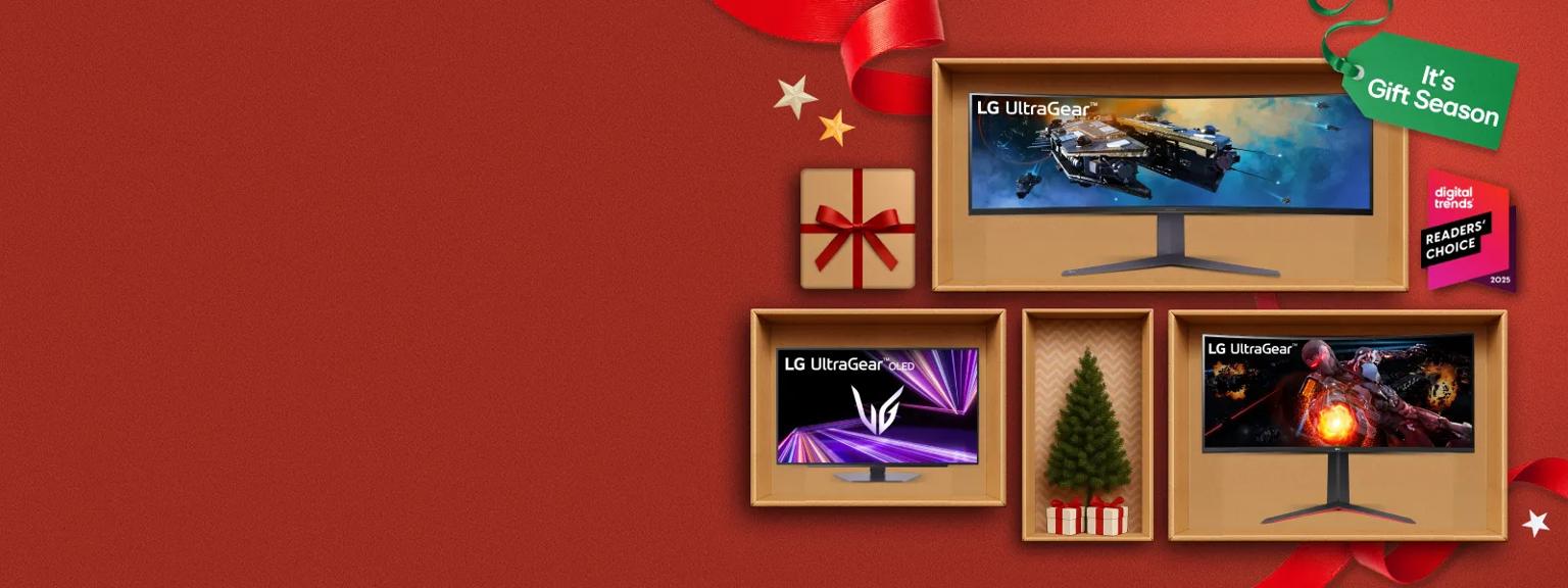 “It’s Gift Season” tag. Various LG electronics and holiday-themed items appear on a gift box collage layout. “Digital Trends Readers’ Choice 2025” badge.