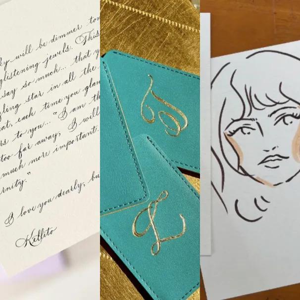 Collage of handcrafted keepsakes featuring handwritten calligraphy, teal leather tags with gold foil monograms, and an expressive ink portrait of a young woman.