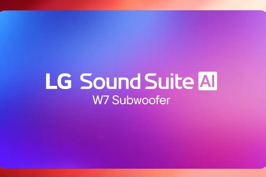 W7 LG Sound Suite AI Subwoofer feature graphic with blue and purple gradient background