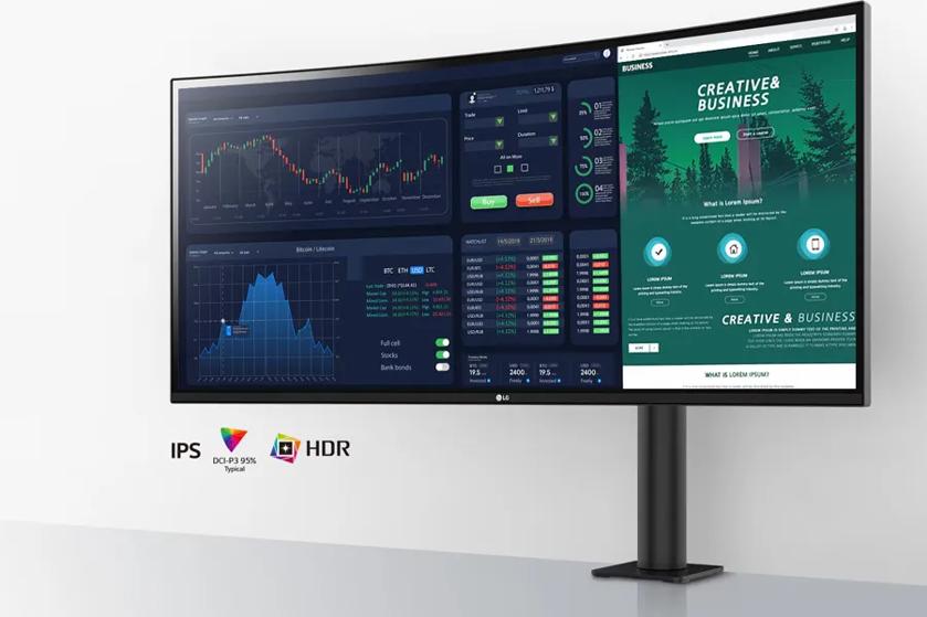 
A wide, curved monitor displaying financial charts on the left and a business website with a forest design on the right.

