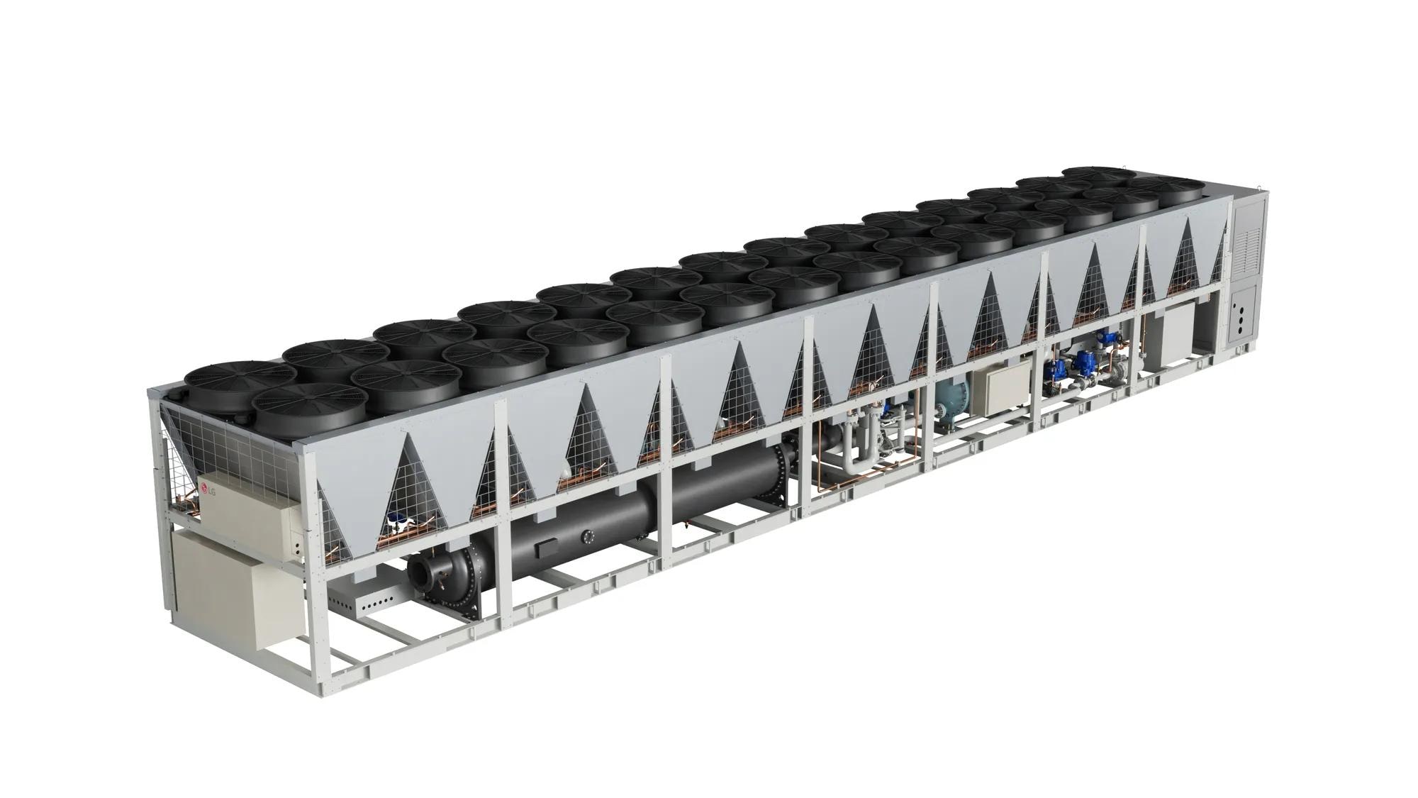 Large LG commercial air-cooled chiller unit shown at a three-quarter angle on a white background, featuring a long row of circular fan modules on top and visible piping, valves, and compressor components along the frame.
