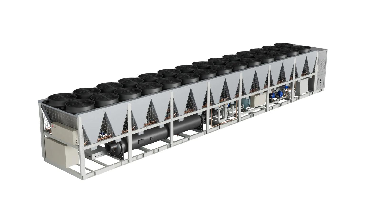 Large LG commercial air-cooled chiller unit shown at a three-quarter angle on a white background, featuring a long row of circular fan modules on top and visible piping, valves, and compressor components along the frame.