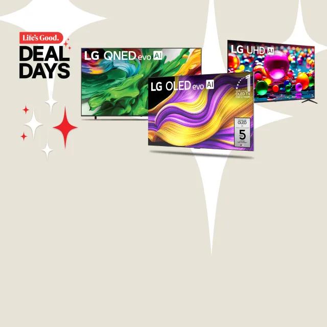 “Life’s Good Deal Days” title badge. An OLED, QNED and UHD TV on a white background. “100% color volume” badge.