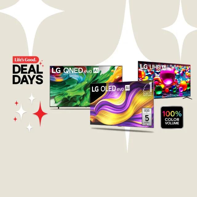 “Life’s Good Deal Days” title badge. An OLED, QNED and UHD TV on a white background. “100% color volume” badge.