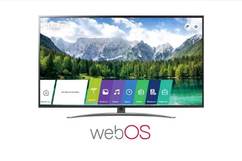 An LG Hospitality TV displaying the LG webOS interface with a nature landscape background.