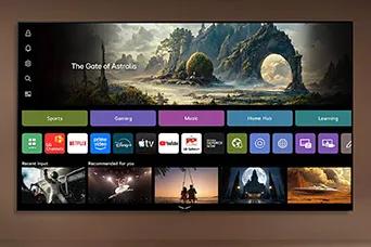 LG TV as an AI TV displays a home screen in a living space, showcasing apps like LG Channels and Netflix alongside recommended content, while the interface highlights direct access to hundreds of entertainment options.