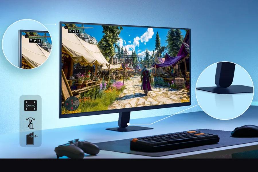 LG 32G403B-B UltraGear Gaming Monitor battle station setup with gaming features highlighted