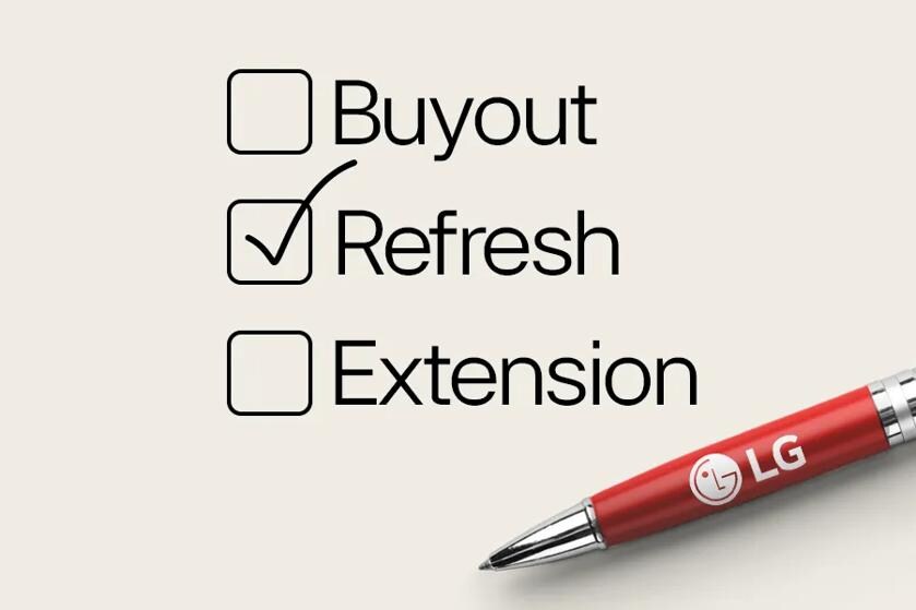 Ballpoint pen with LG logo on it next to a checklist with options Buyout, Refresh, and Extension