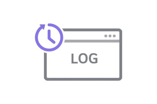 Illustration of a browser window with the word "LOG" and a clock icon.