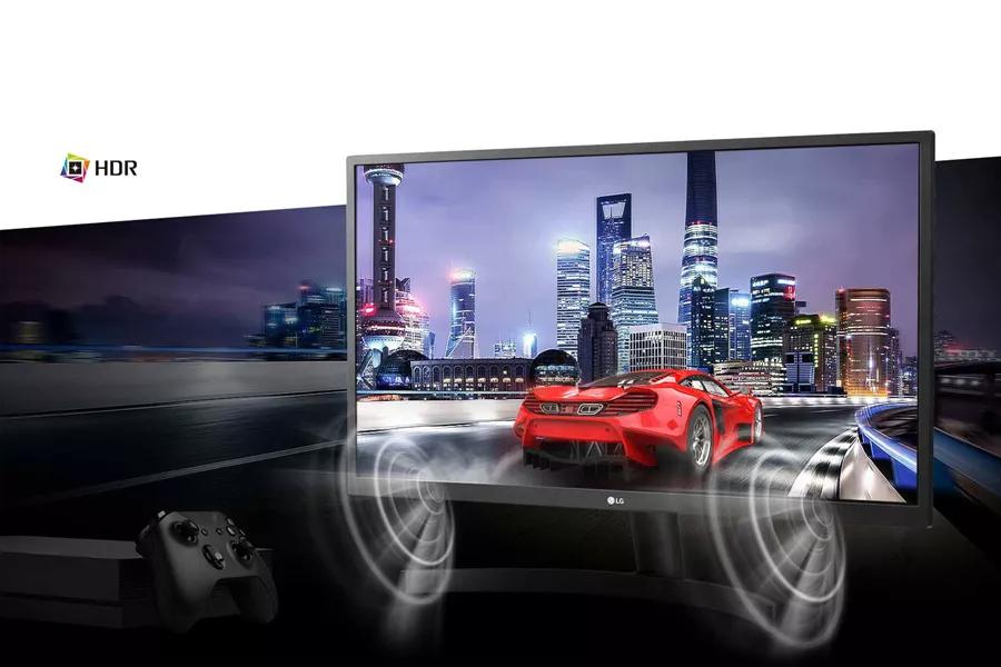 Image of 27UK500 B monitor with gaming controller race car and city skyline as onscreen image