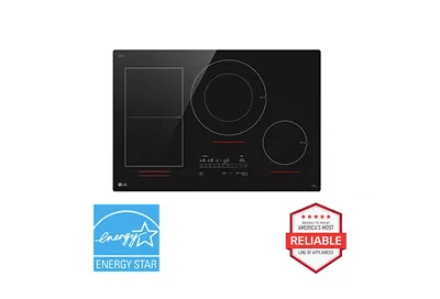 A top-down image of an LG CBIH3017BE induction cooktop next to a red 'Brought to you by American's Most Reliable Line of Appliances' badge and a blue 'ENERGY STAR® certified' badge.