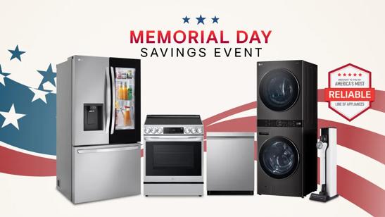 A group of LG home appliances in front of graphic of American Flag. “Memorial Day Savings Event” badge appears above. 