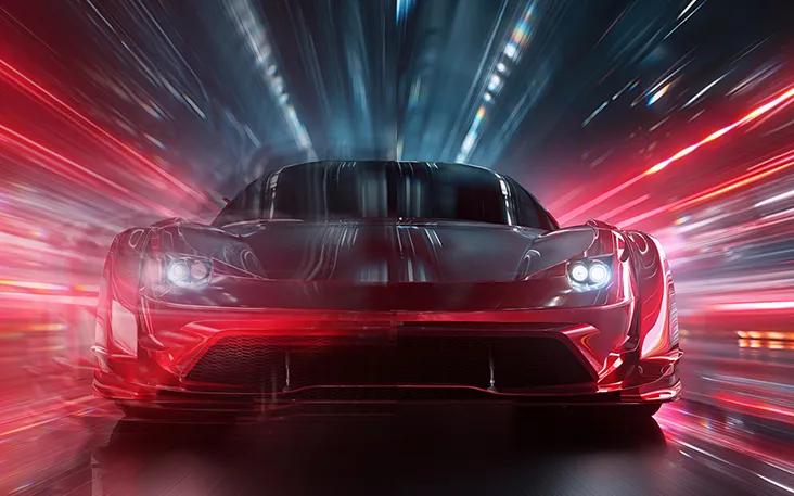 LG TV for gaming shows a split-screen image of a car in motion, with the left side appearing more blurred and the right side clearer, highlighting reduced motion blur and improved clarity for smoother, more responsive gameplay.