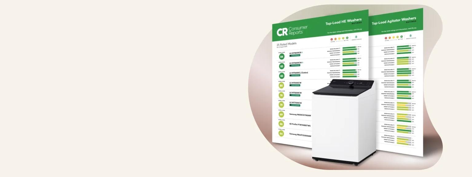 An LG top load washing machine stands next to a large Consumer Reports ratings sheet.