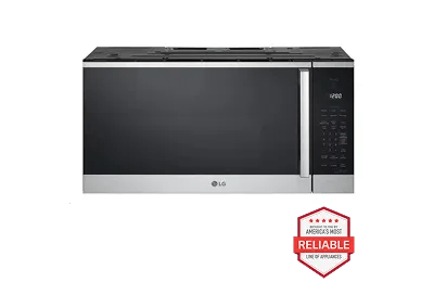 A front-facing image of the LG MVEM1825X over-the-range microwave next to a red 'America's most reliable line of home appliances' badge.