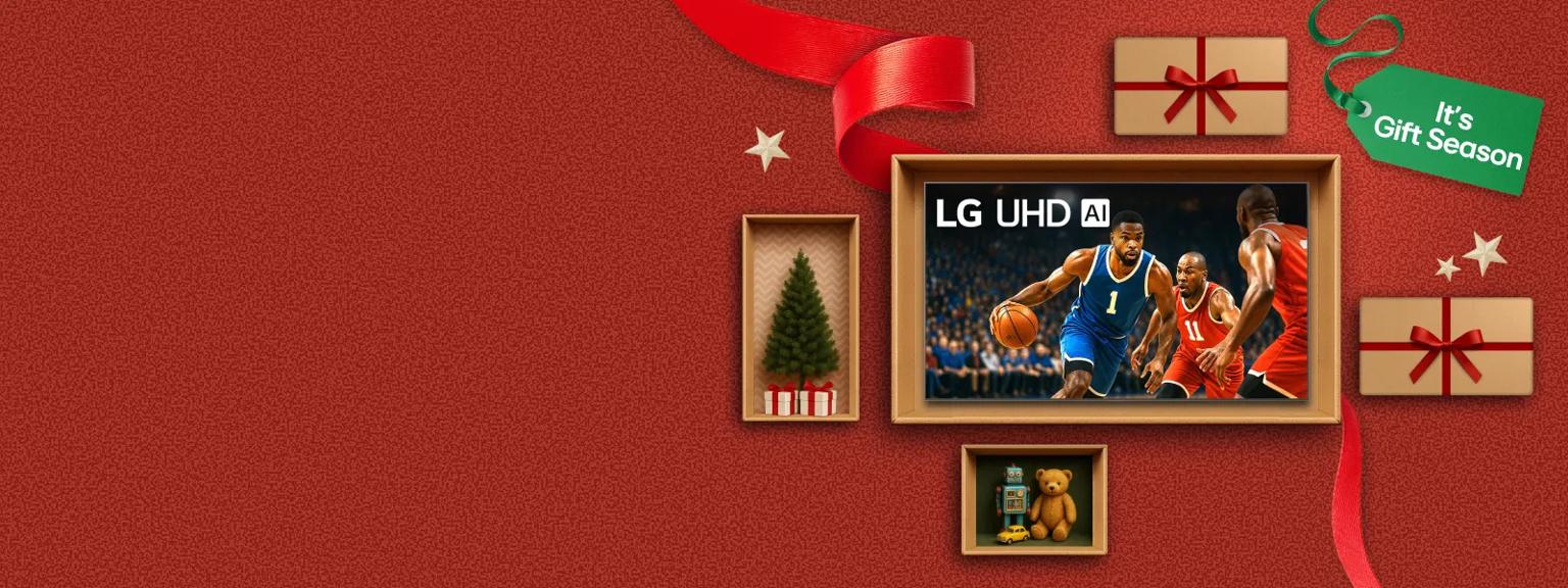 “It’s gift season” badge. Opened and unopened gift boxes appear in a cluster. Various boxes display LG UHD TV.