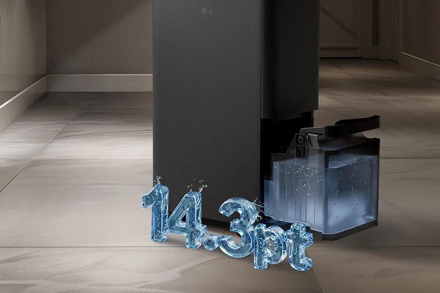 LG DT501BKR0 Dehumidifier with daily dehumidification capacity of 14.3 pints shown with water tank and water droplet graphics