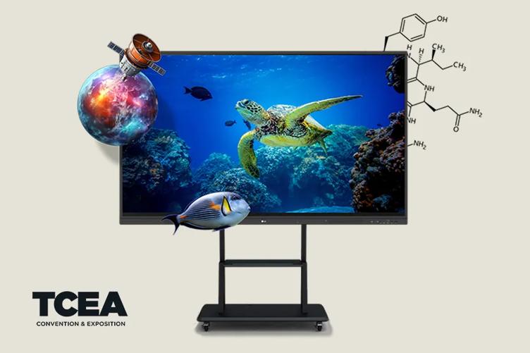 LG CreateBoard with an ocean scene, with fish, a planet, and molecular structure coming out of the frame to represent learning and thinking outside the box.